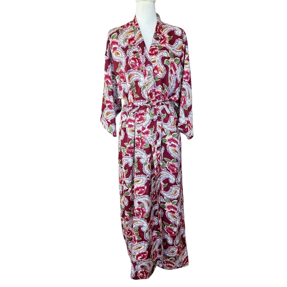 Vintage Christian Dior Loungewear Burgundy Floral Paisley Satin Robe Wrap Medium